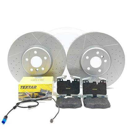 FOR BMW 420d G22 G23 G26 DIMPLED GROOVED FRONT BRAKE DISCS TEXTAR PADS SENSOR