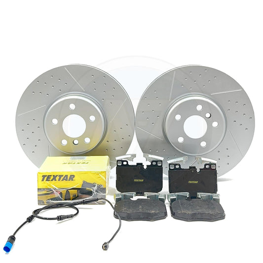 FIT BMW 740d Ld G11 G12 DIMPLED GROOVED FRONT BRAKE DISCS TEXTAR PADS SENSOR