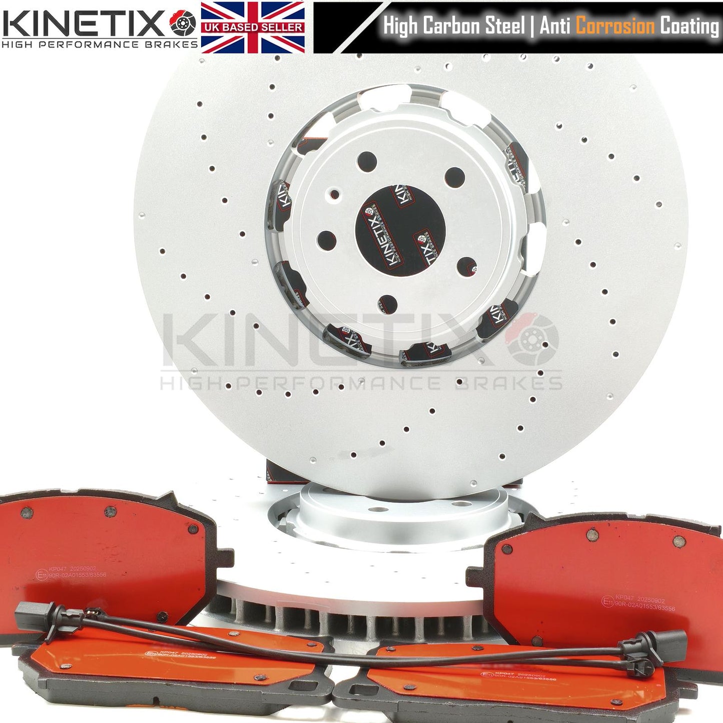 AUDI RS6 (C8) 2019+ DRILLED/PERFORATED FRONT BRAKE DISCS CERAMIC PERFORMANCE BRAKE PADS & WEAR WIRE SENSORS 420mm X 40mm 4K0615301S / 4K0615301Q / 4K0615301R