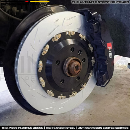 FOR AUDI RS4 R8 RS5 TWO PIECE FLOATING GROOVED FRONT BRAKE DISCS 365mm X 34mm