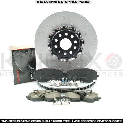 FOR VW ARTEON R GOLF R TIGUAN R 2.0 R GROOVED TWO PIECE FLOATING FRONT BRAKE DISCS BREMBO PADS & WEAR WIRE SENSOR LEAD 357mm X 34mm 5WA615301J / 5WA615301A