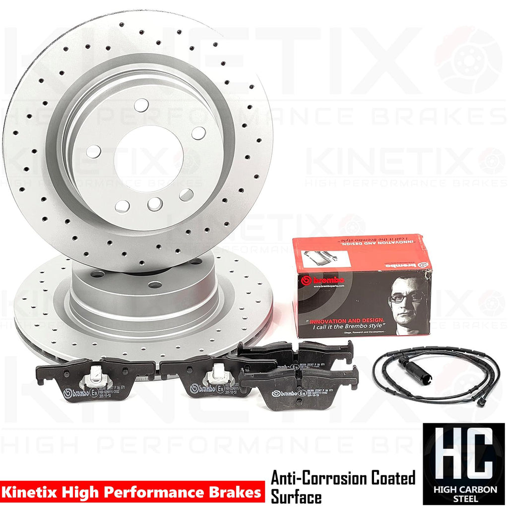 FOR BMW 120d E81 E87 E88 M SPORT DRILLED REAR BRAKE DISCS BREMBO PADS SENSOR