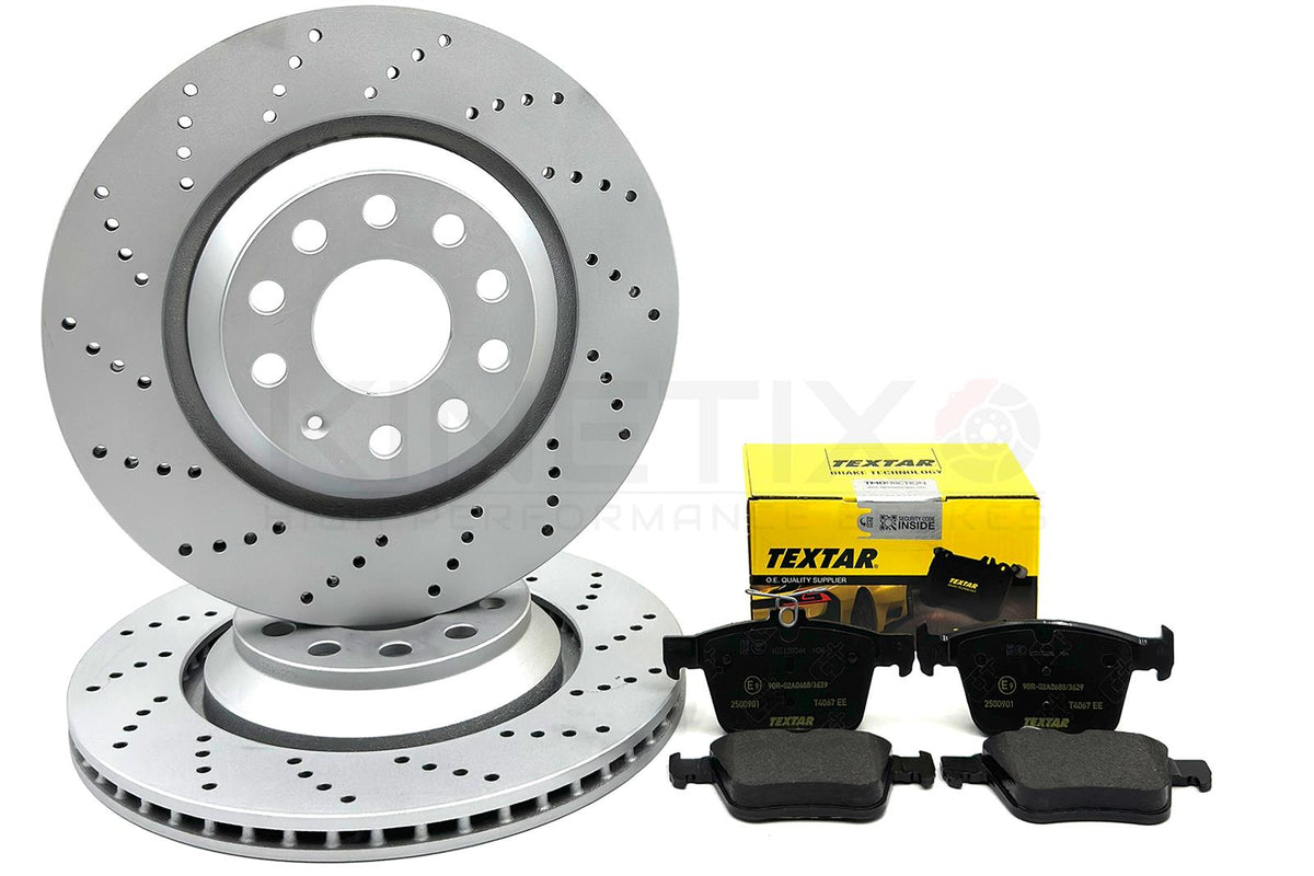 FOR VW T-ROC 2.0 R CROSS DRILLED REAR BRAKE DISCS TEXTAR PADS 310mm COATED