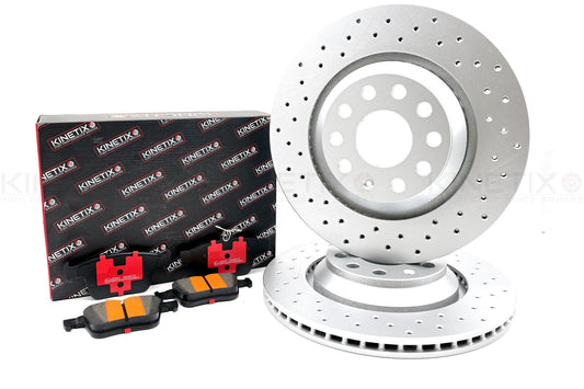 CROSS DRILLED REAR 310mm BRAKE DISCS & PERFORMANCE BRAKE PADS SET