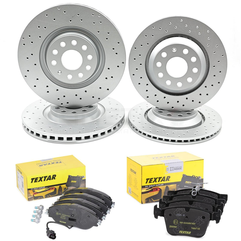 FOR VW PASSAT 2.0 BiTDI SCR 240 DRILLED FRONT REAR BRAKE DISCS TEXTAR PADS SET