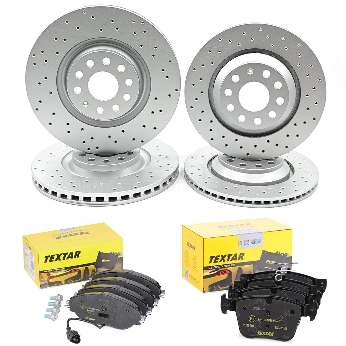 FOR VW PASSAT 2.0 BiTDI SCR 240 DRILLED FRONT REAR BRAKE DISCS TEXTAR PADS SET