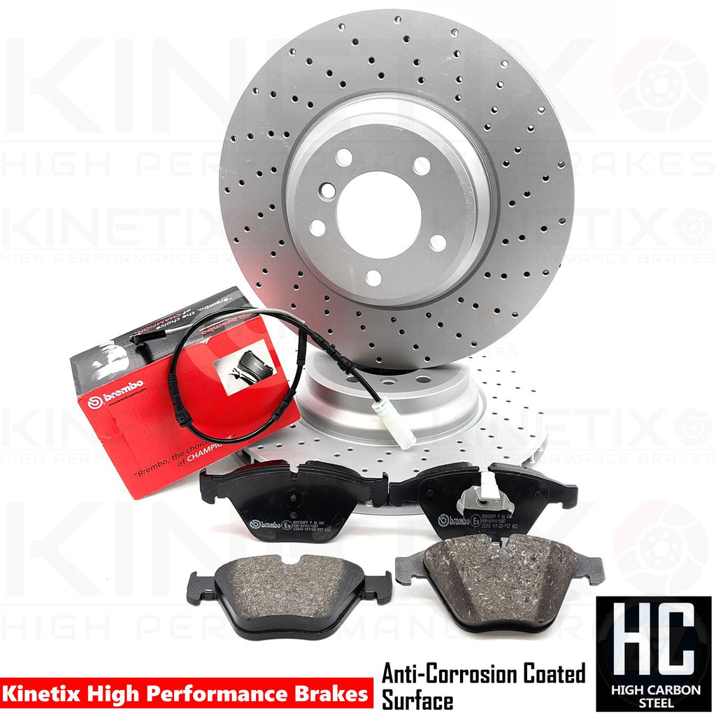 FRONT DRILLED DISCS BREMBO PADS WEAR SENSOR FOR BMW 335i 335d E90 E91 E92 E93