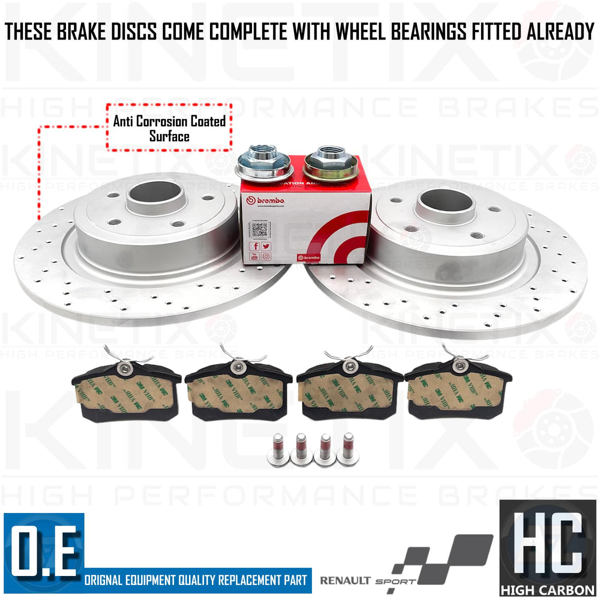 FOR RENAULT MEGANE SPORT R26 REAR DRILLED BRAKE DISCS BREMBO PADS ABS BEARING RS