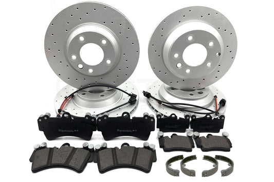 FOR PORSCHE CAYENNE DRILLED FRONT REAR BRAKE DISCS PADS SENSORS HANDBRAKE SHOES