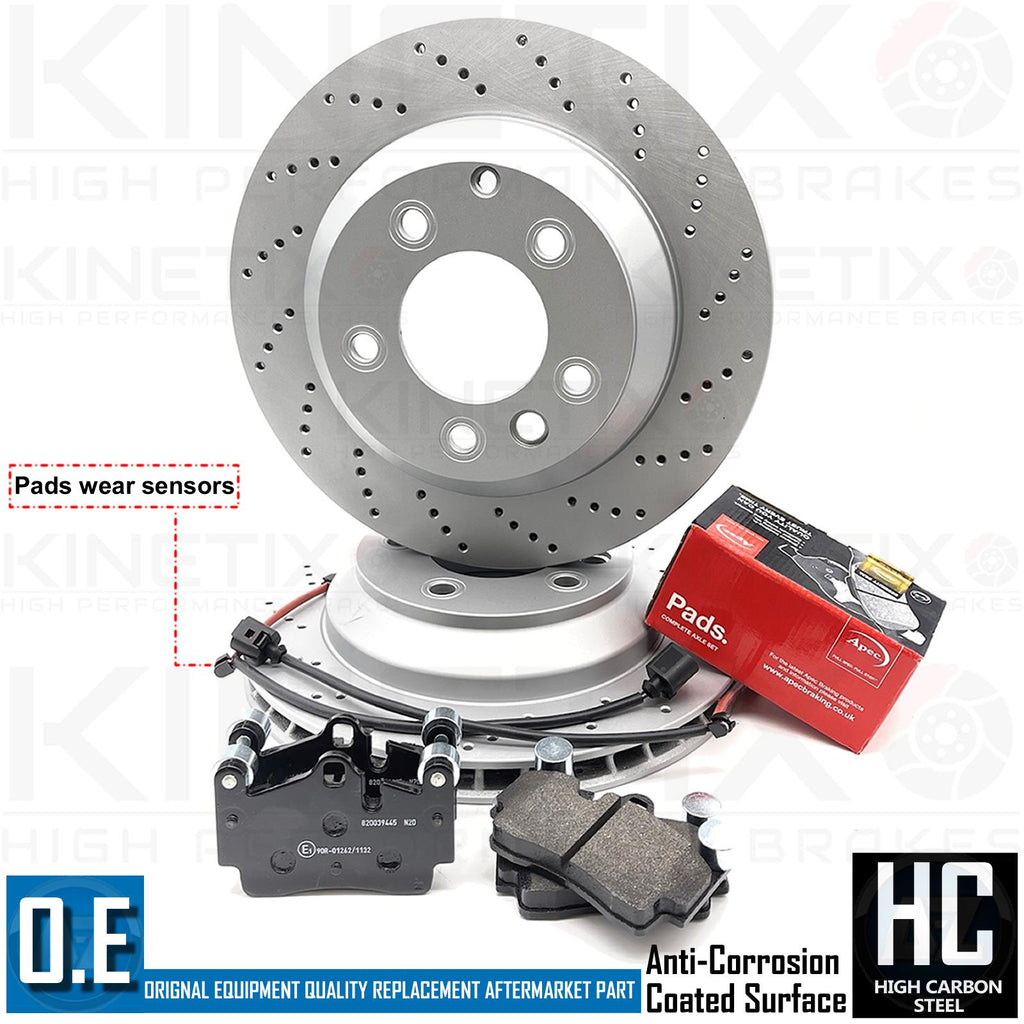 FOR PORSCHE CAYENNE 3.0 3.6 DRILLED REAR BRAKE DISCS APEC PADS SENSORS 330mm
