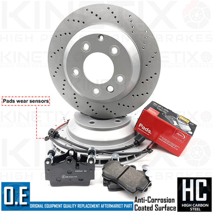 FOR PORSCHE CAYENNE 3.0 3.6 DRILLED REAR BRAKE DISCS APEC PADS SENSORS 330mm