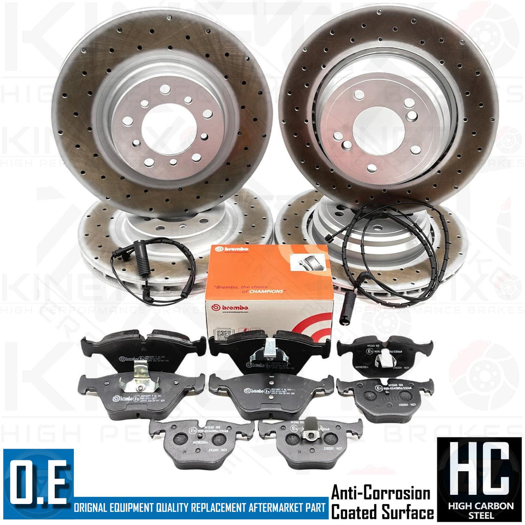FOR BMW E46 M3 3.2 FRONT AND REAR DRILLED BRAKE DISCS BREMBO PADS WIRE SENSORS