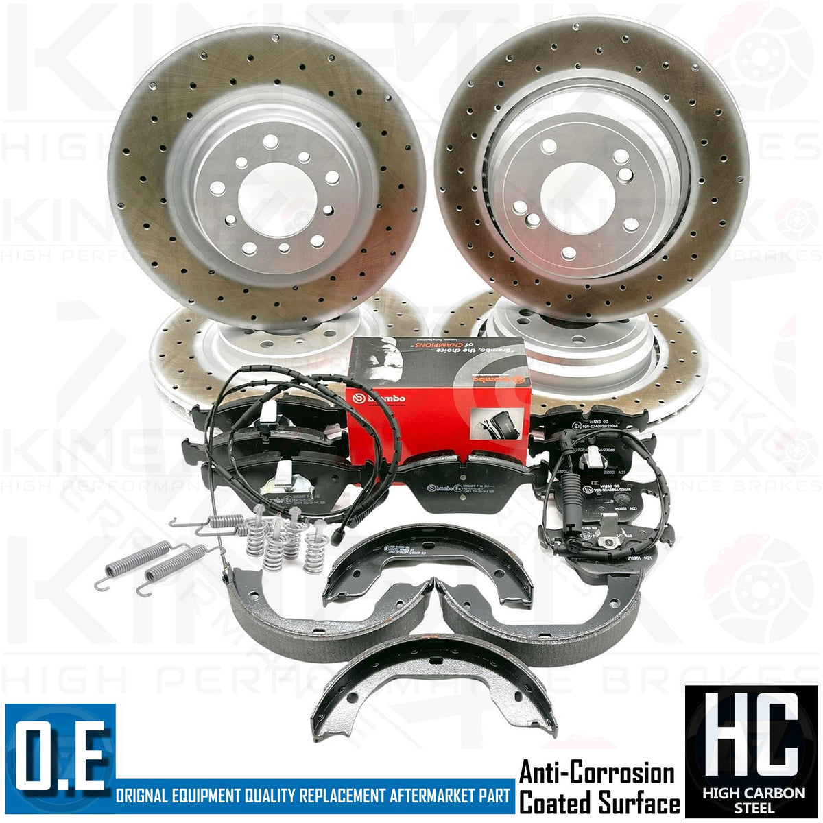 FOR BMW M3 E46 FRONT REAR BRAKE DISCS BREMBO PADS WIRES HAND BRAKE SHOES KIT