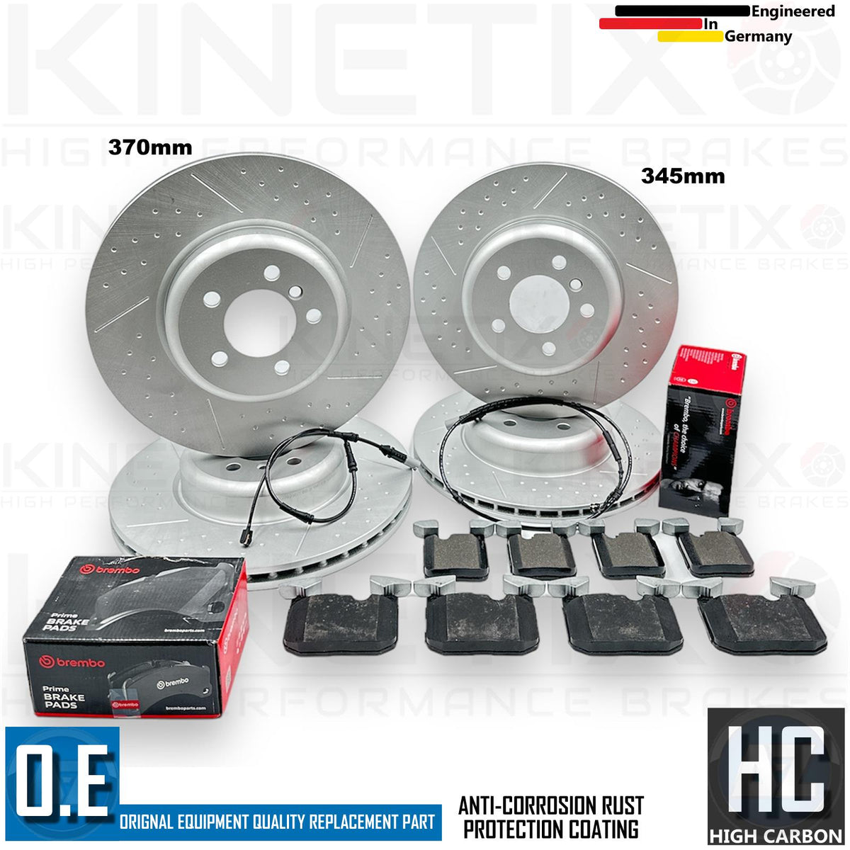 FOR BMW 335i DIMPLED GROOVE FRONT REAR BRAKE DISCS BREMBO PADS WIRES 370mm 345mm