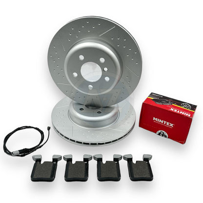 FOR BMW 335i 340i REAR DIMPLED GROOVED BRAKE DISCS MINTEX PADS WIRE SENSOR 345mm