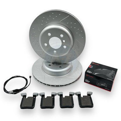 FOR BMW 330d M SPORT REAR DIMPLED GROOVED BRAKE DISCS BREMBO PADS SENSOR 345mm