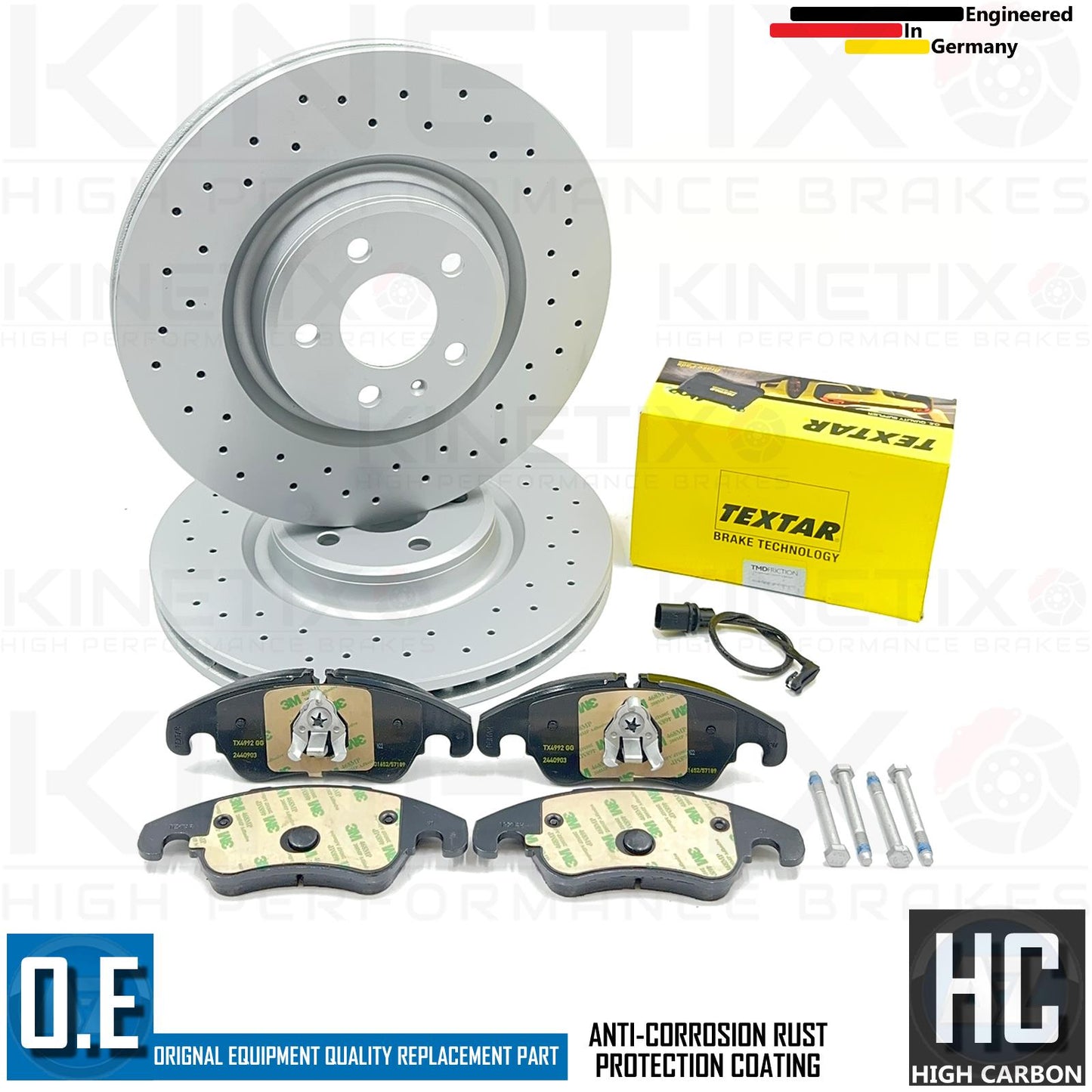 FOR AUDI S4 B8 FRONT CROSS DRILLED BRAKE DISCS TEXTAR PADS SENSOR WEAR WIRE 345m