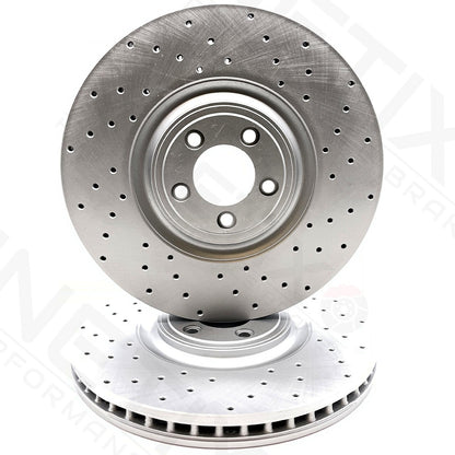 FOR JAGUAR F-TYPE 5.0 SCV8R SVR CROSS DRILLED FRONT BRAKE DISCS PAIR 380mm
