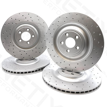FOR JAGUAR XFR-S XJ-R XK-R XKR-S DRILLED FRONT REAR BRAKE DISCS APEC PADS WIRES