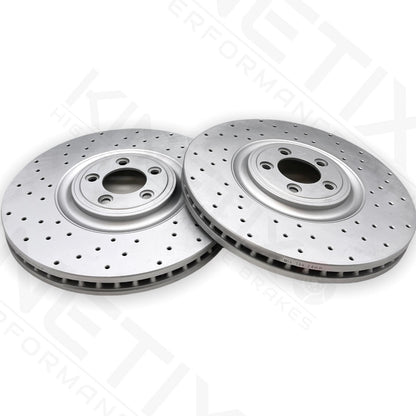 FOR JAGUAR F-TYPE 5.0 SCV8R SVR CROSS DRILLED FRONT BRAKE DISCS PAIR 380mm