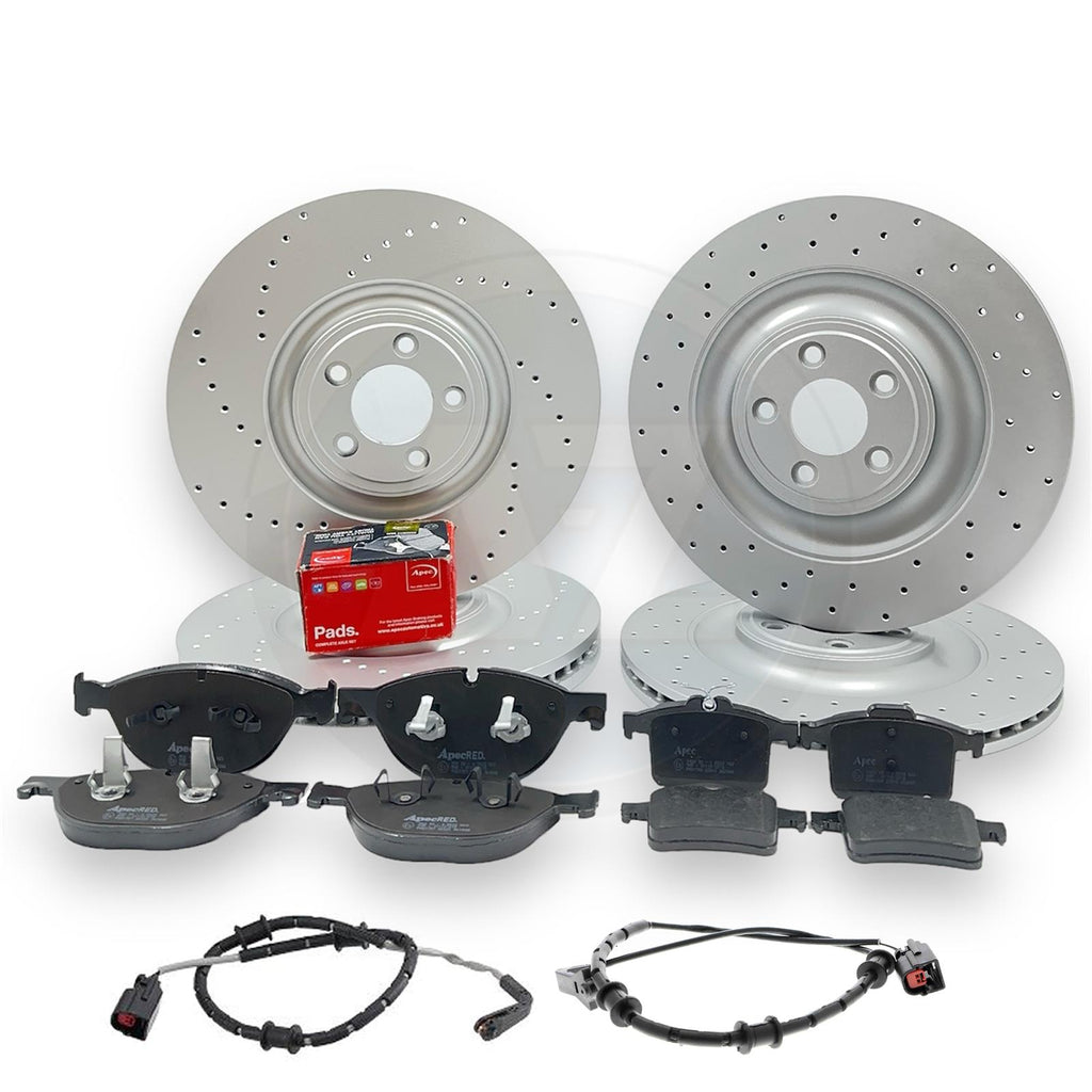 FOR JAGUAR XFR-S XJ-R XK-R XKR-S DRILLED FRONT REAR BRAKE DISCS APEC PADS WIRES