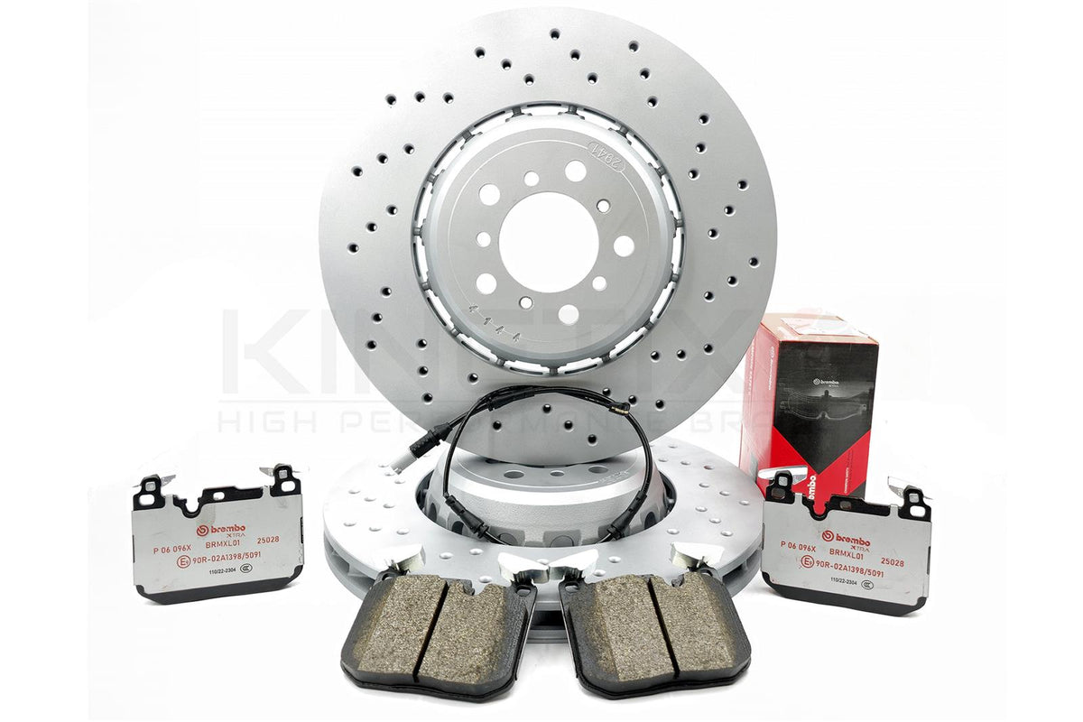 FOR BMW M4 F82 FRONT LEFT RIGHT DRILLED BRAKE DISCS BREMBO Xtra PADS SENSOR
