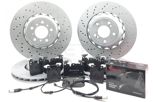FOR BMW M2 M3 M4 FRONT & REAR CROSS DRILLED BRAKE DISCS BREMBO PADS WEAR SENSORS