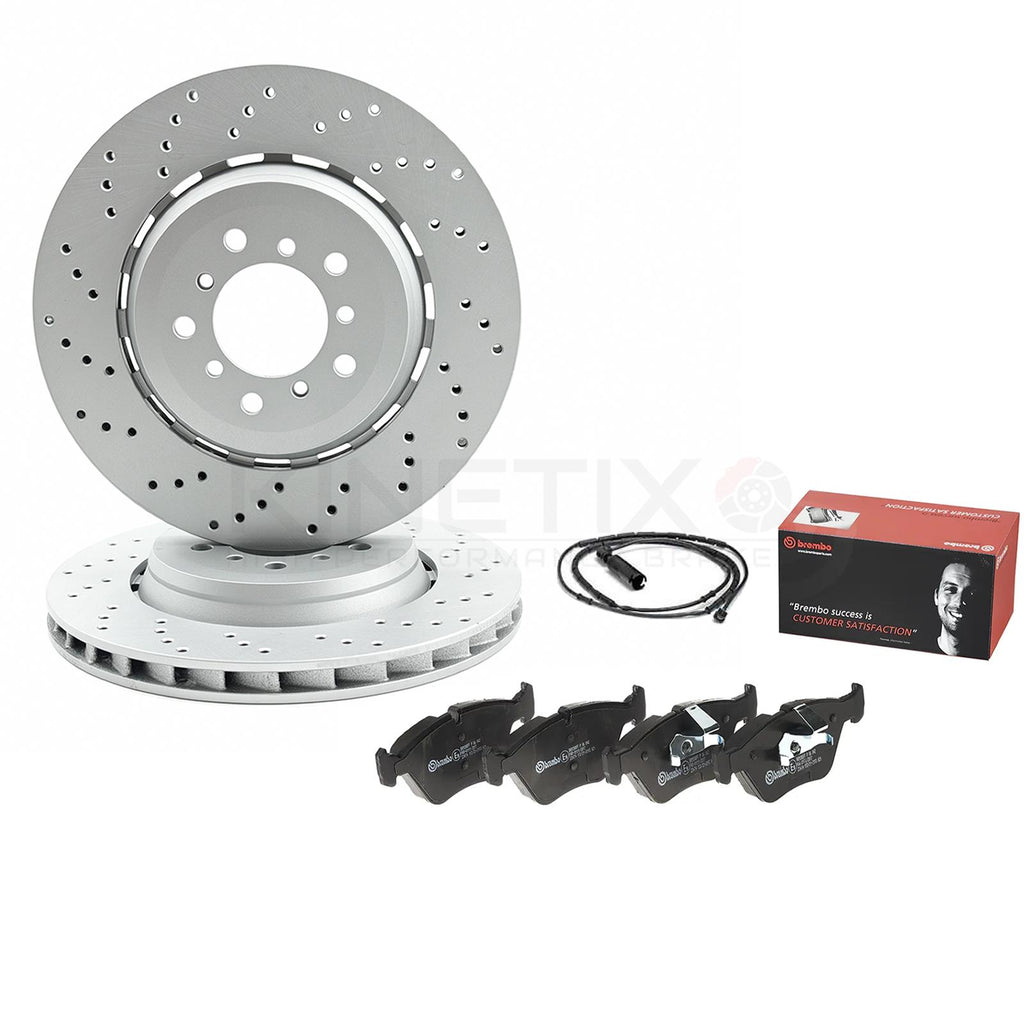 FOR BMW M3 E46 CSL CROSS DRILLED FRONT BRAKE DISCS BREMBO PADS SENSOR 345mm