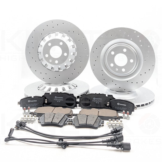FOR AUDI A6 A7 A8 DRILLED FRONT REAR BRAKE DISCS BREMBO PADS SENSORS 375mm 330mm