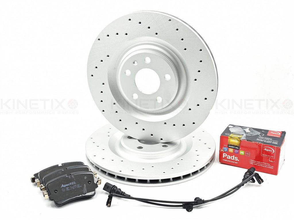 FOR AUDI A8 60 TFSI REAR DRILLED BRAKE DISCS APEC PADS WEAR WIRE SENSORS 350mm