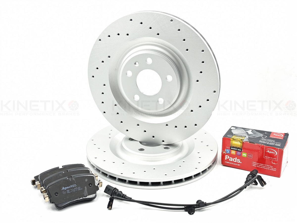 FOR AUDI e-Tron REAR DRILLED BRAKE DISCS APEC PADS WEAR WIRE SENSORS 350mm