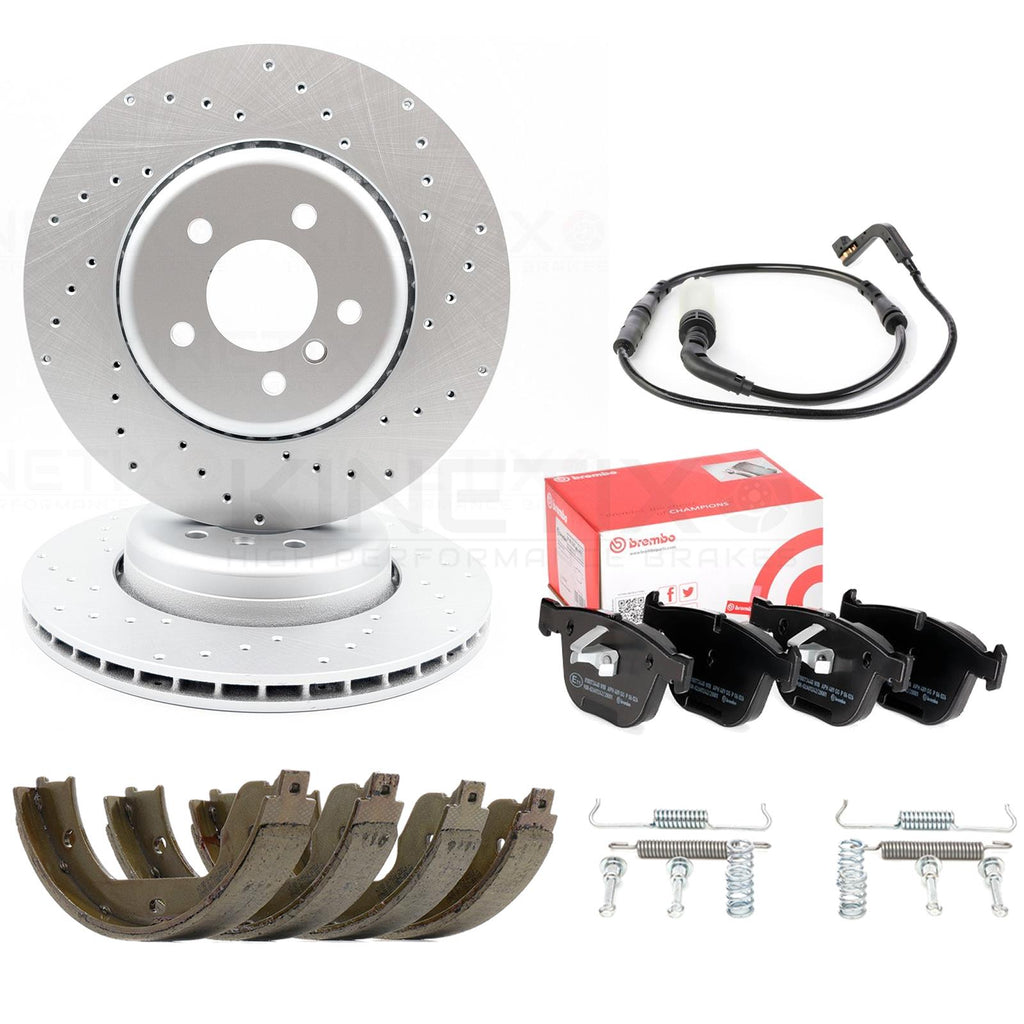 FOR BMW 535d 550i 635d 650i DRILLED REAR BRAKE DISCS BREMBO PADS SHOES SENSOR