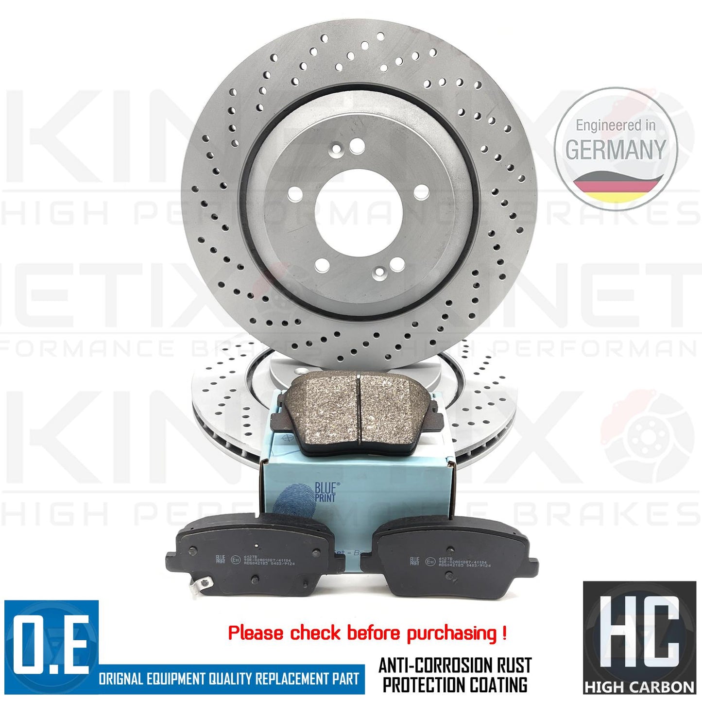 FOR HYUNDAI i30N KONA N PERFORMANCE DRILLED REAR BRAKE DISCS BLUEPRINT PADS