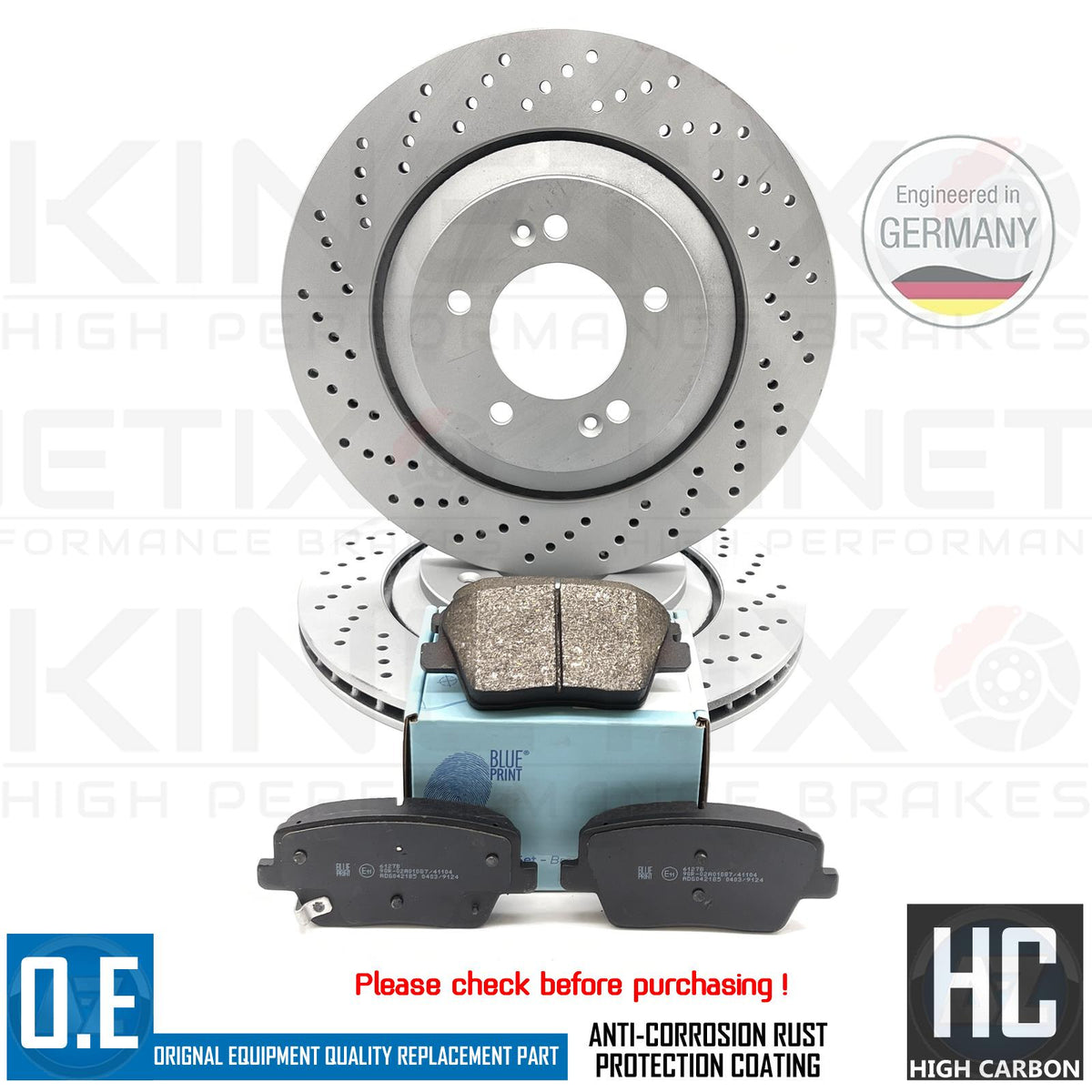 FOR HYUNDAI i30N KONA N PERFORMANCE DRILLED REAR BRAKE DISCS BLUEPRINT PADS