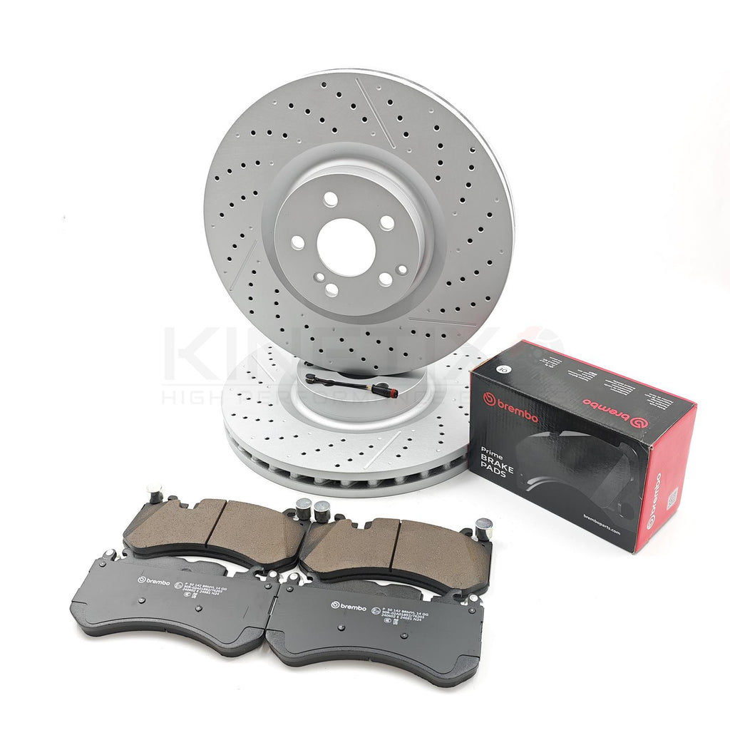 FOR MERCEDES C63 E55 E63 CLS63 AMG FRONT BRAKE DISCS BREMBO PADS SENSOR 360mm