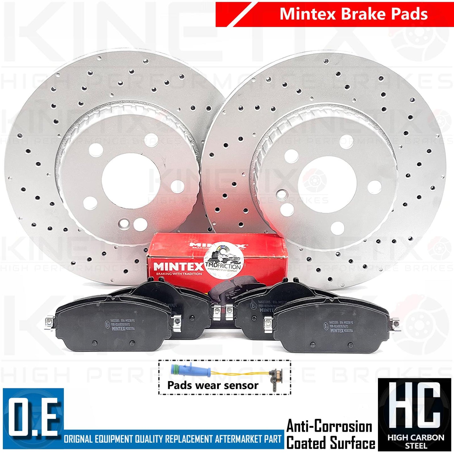 FOR MERCEDES C|E CLASS DRILLED FRONT BRAKE DISCS MINTEX PADS & SENSOR 305mm
