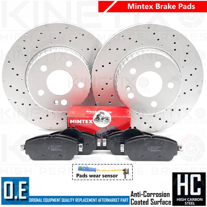 FOR MERCEDES C|E CLASS DRILLED FRONT BRAKE DISCS MINTEX PADS & SENSOR 305mm