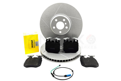 FOR BMW X5 45e M SPORT DIMPLED GROOVED FRONT BRAKE DISCS TEXTAR PADS SENSOR 374m