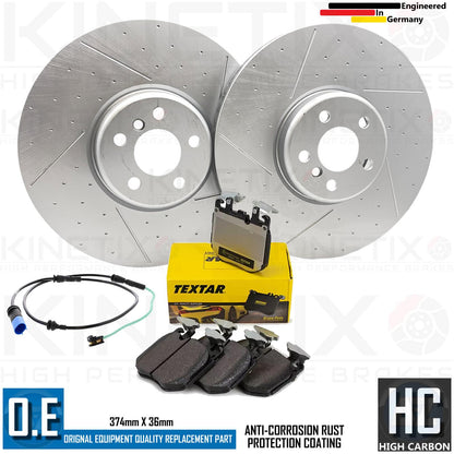 BMW 640d M SPORT DIMPLE GROOVED FRONT BRAKE DISCS TEXTAR PADS SENSOR 374mm
