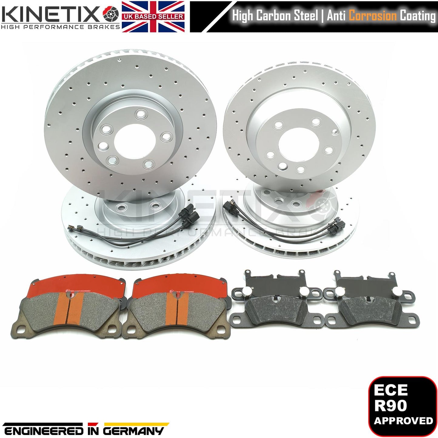 FOR PORSCHE CAYENNE 4.2 S FRONT & REAR DRILLED BRAKE DISCS PADS WIRE SENSORS