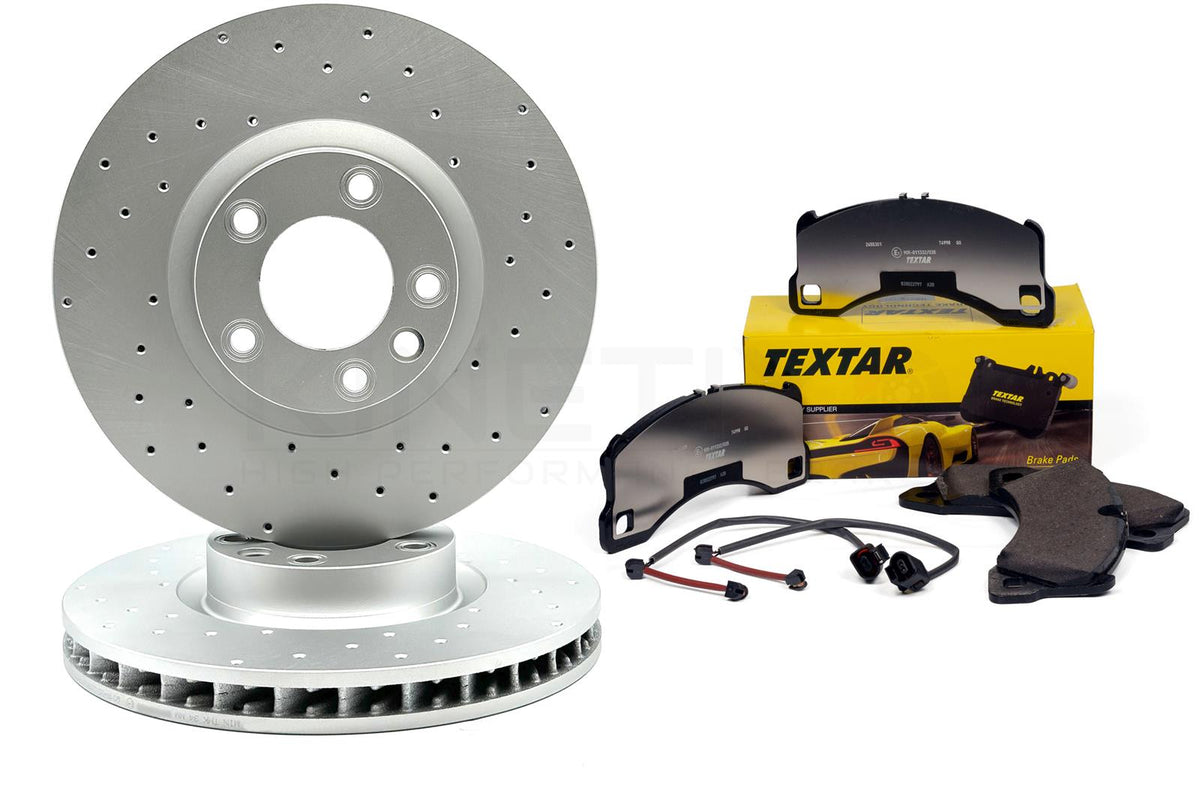 FOR PORSCHE CAYENNE 3.0 S E-HYBRID DRILLED FRONT BRAKE DISCS TEXTAR PADS SENSORS
