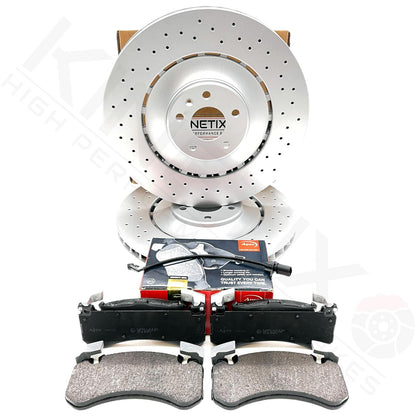 FOR AUDI S6 S7 S8 FRONT CROSS DRILLED BRAKE DISCS APEC PADS WEAR SENSOR 400mm