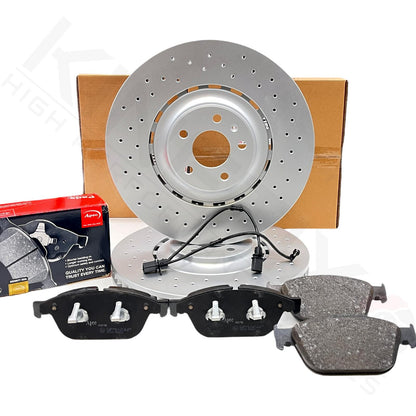FOR AUDI A8 W12 S8 SQ5 FRONT CROSS DRILLED BRAKE DISCS APEC PADS & SENSORS 380mm