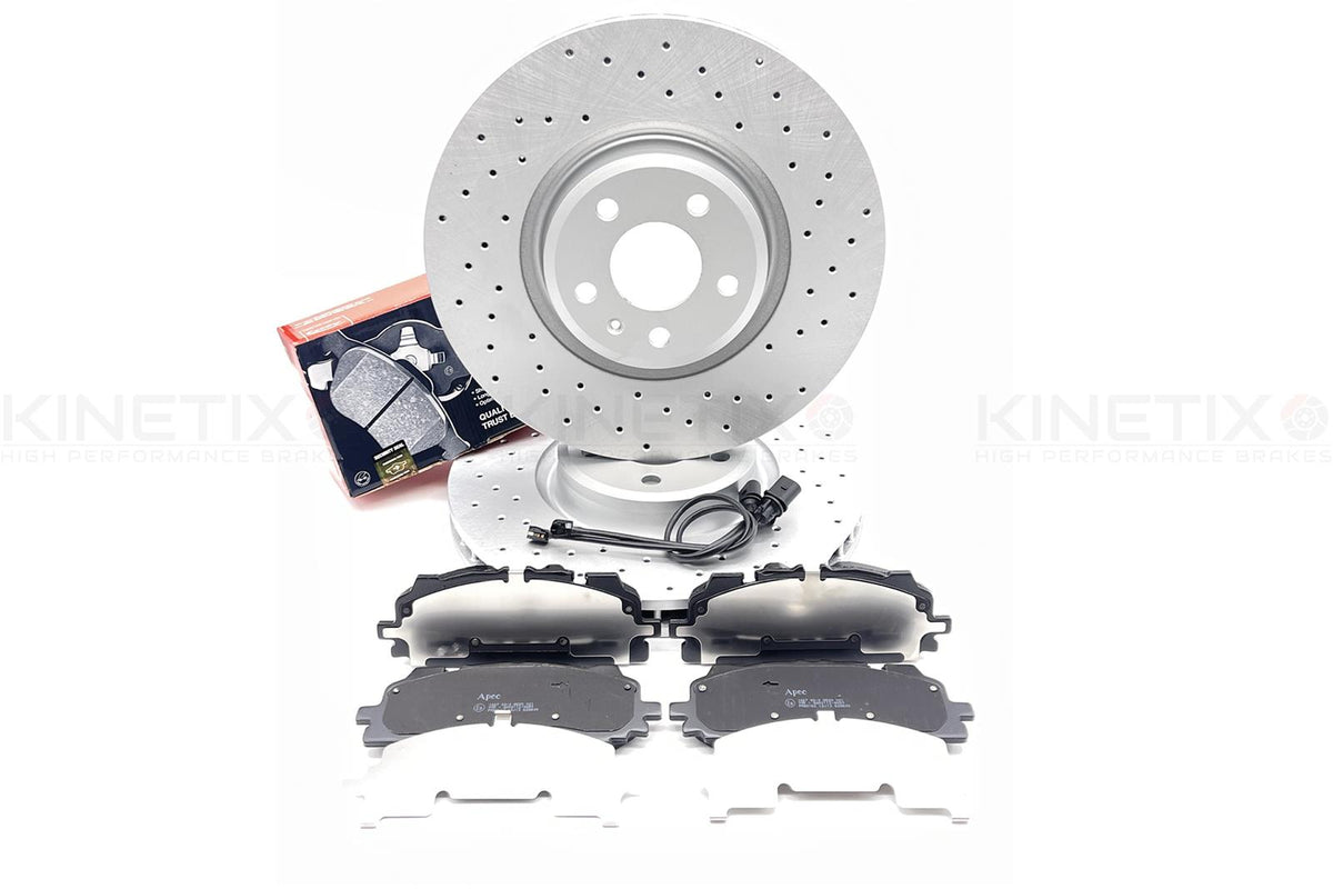 FOR AUDI A6 A7 A8 35 TDI FRONT DRILLED BRAKE DISCS APEC PADS WEAR SENSORS 350mm
