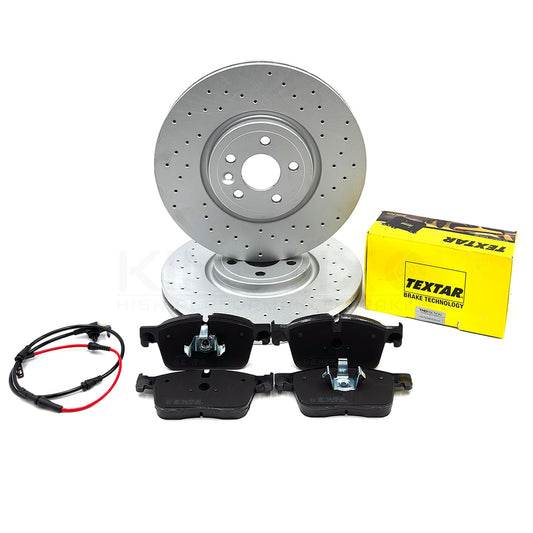FOR JAGUAR XE 300 SPORT DRILLED FRONT BRAKE DISCS TEXTAR PADS SENSOR 350mm