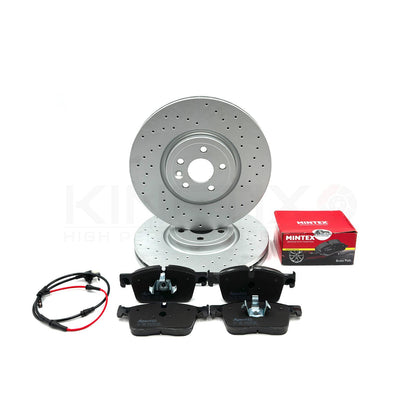 FOR JAGUAR XF X260 3.0 AWD 17- DRILLED FRONT BRAKE DISCS MINTEX PADS SENSOR 350m