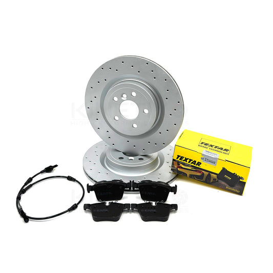 FOR JAGUAR XE XF X260 X760 DRILLED REAR BRAKE DISCS TEXTAR PADS SENSOR 325mm