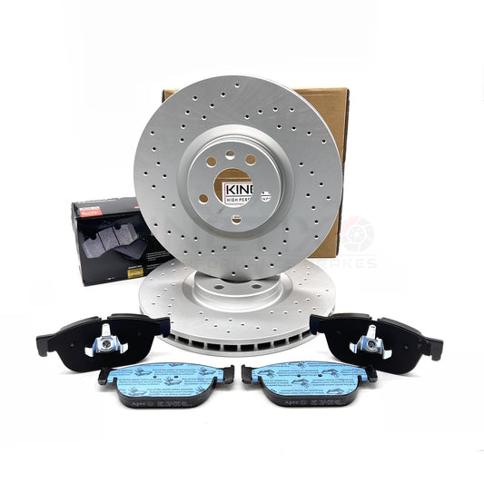 FOR VOLVO S60 B5 R-DESIGN CROSS DRILLED FRONT BRAKE DISCS APEC BLACK PADS 345mm