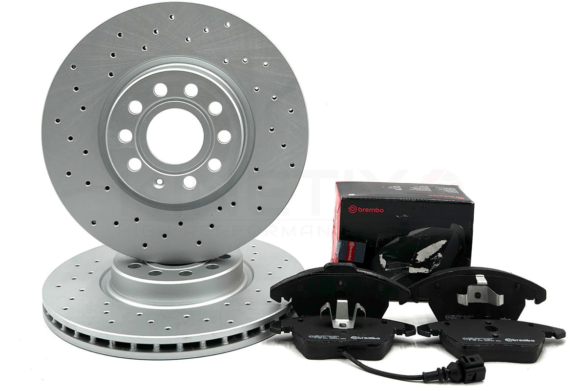 FOR AUDI A3 8P 2.0 TDI FRONT CROSS DRILLED BRAKE DISCS BREMBO PADS & WIRE 312mm