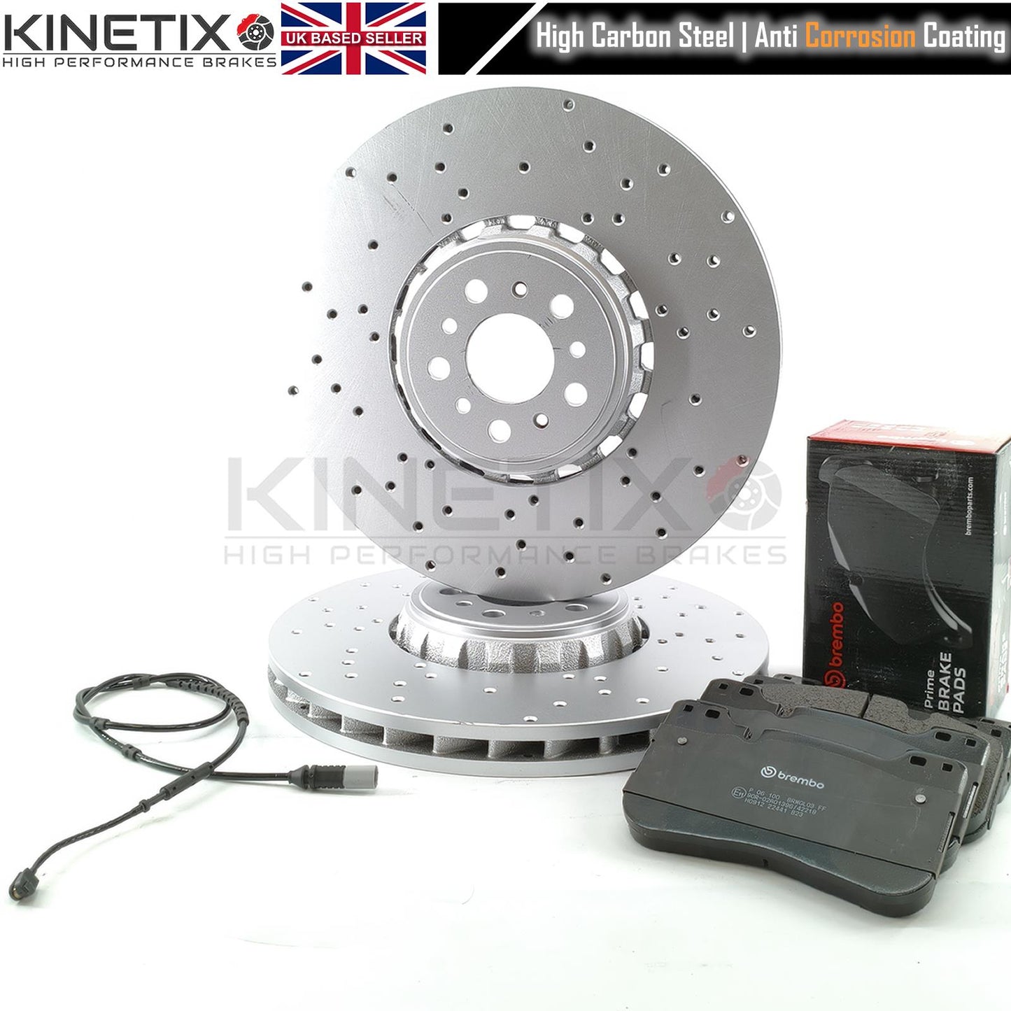 FOR BMW M5 F90 M8 F91 F92 F93 COMPETITION CROSS DRILLED FRONT BRAKE DISCS BREMBO PADS & WEAR WIRE SENSOR LEAD 395mm X 36mm (34117991101 | 34117991102)